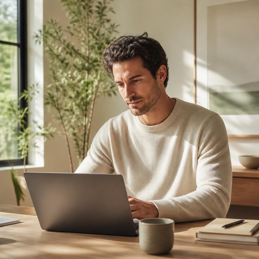 A man working calmly on his laptop in a sunlit home office