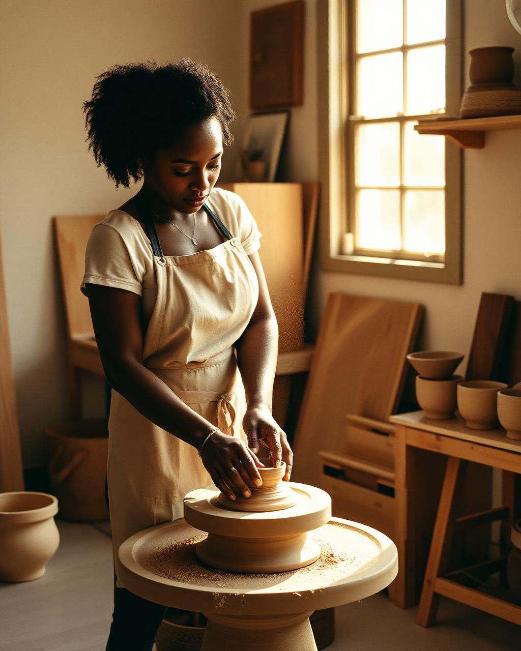 A ceramicist shaping clay at the wheel in a sunlit studio