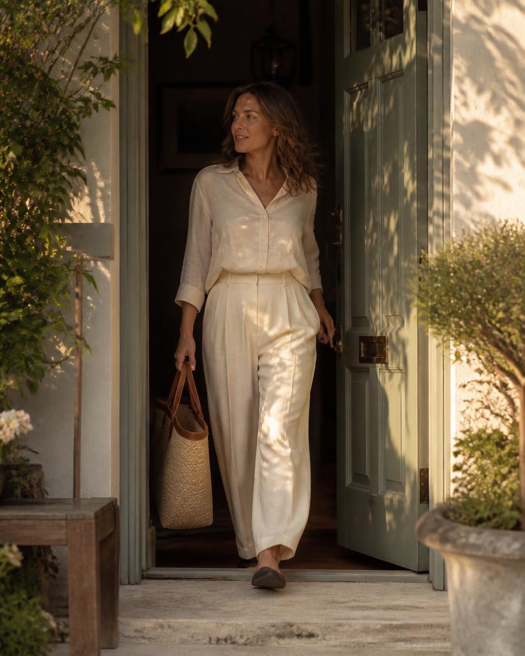 A woman stepping out her front door into late afternoon light, carrying a woven bag